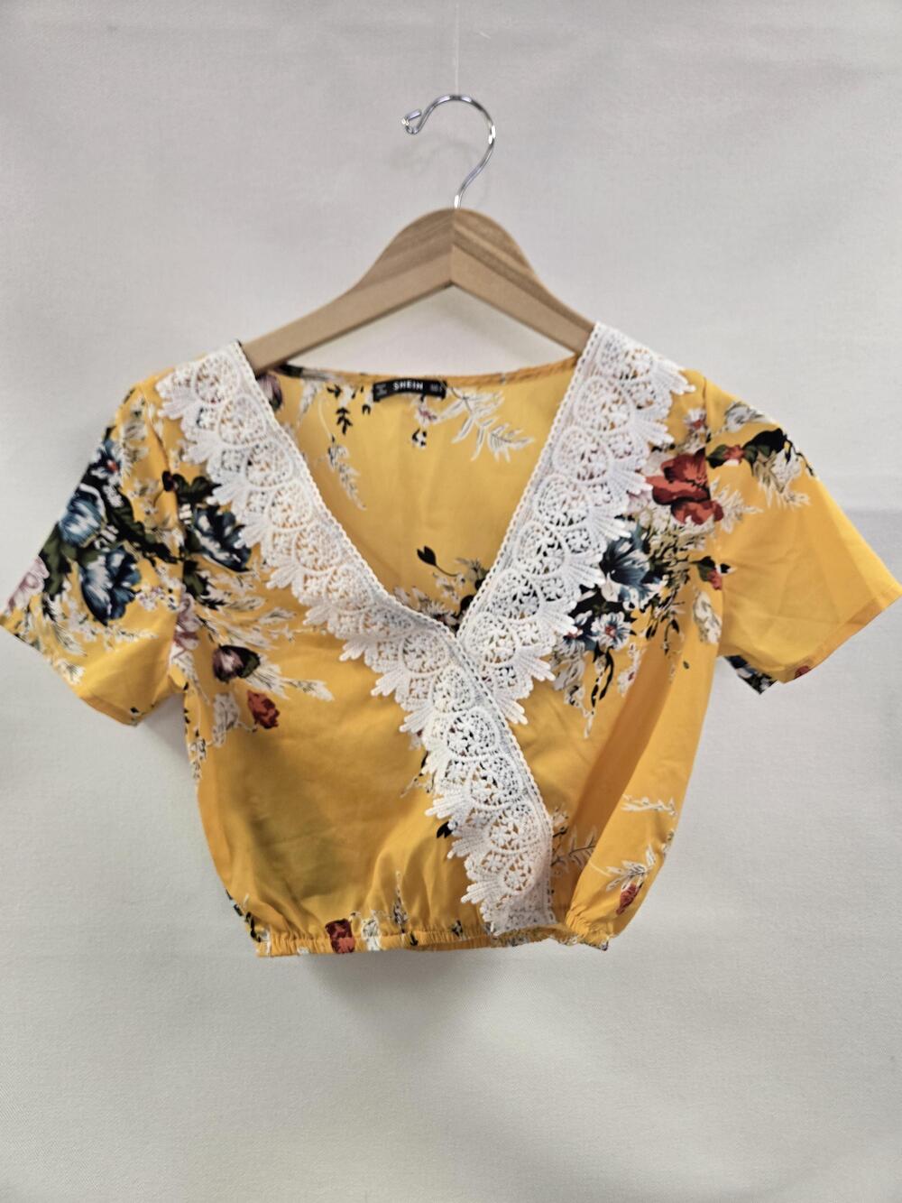 SHEIN Blouse Womens Small Yellow Floral Wrap V Neck Lace Trim Cropped Top Boho